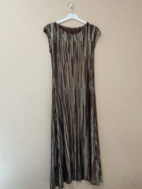 Brown Metallic Stripe Midi Dress - Elegant Evening Wear